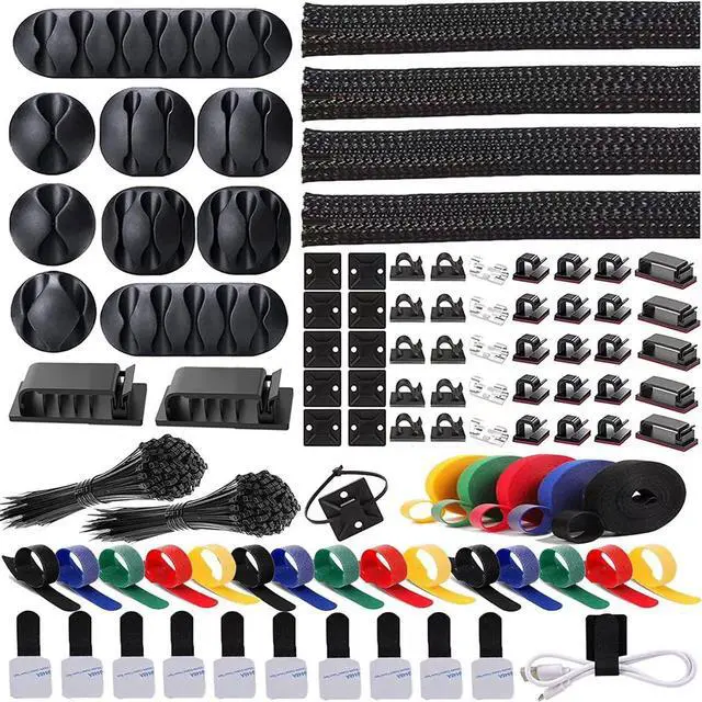 Main image of 300PCS Cable Management Kit,4 Cable Sleeve 35 Cable Clips with 11Cord Holders,20 Roll Cable Organizer Straps and 200 Fastening Cable Ties,20 Cable Zip Tie Mounts for Computer TV Under Desk