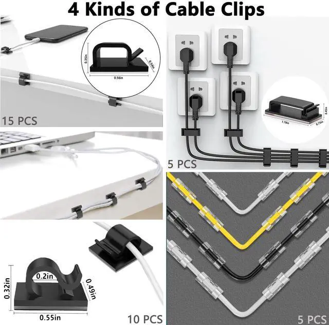 Alt view image 6 of 7 - 300PCS Cable Management Kit,4 Cable Sleeve 35 Cable Clips with 11Cord Holders,20 Roll Cable Organizer Straps and 200 Fastening Cable Ties,20 Cable Zip Tie Mounts for Computer TV Under Desk