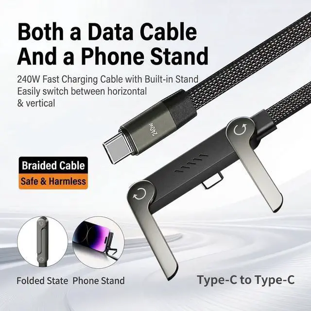 Alt view image 2 of 7 - 2-in-1 Invisible Stand Charger Cable, USB-C to USB-C with Foldable Stand | 4.9FT Braided 240W Super Fast Charging Cable, Compatible with iPhone & Samsung, Ideal for Gaming, Office & Car Travel