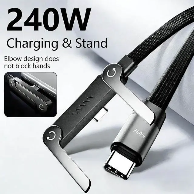 Alt view image 3 of 7 - 2-in-1 Invisible Stand Charger Cable, USB-C to USB-C with Foldable Stand | 4.9FT Braided 240W Super Fast Charging Cable, Compatible with iPhone & Samsung, Ideal for Gaming, Office & Car Travel