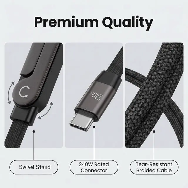 Alt view image 6 of 7 - 2-in-1 Invisible Stand Charger Cable, USB-C to USB-C with Foldable Stand | 4.9FT Braided 240W Super Fast Charging Cable, Compatible with iPhone & Samsung, Ideal for Gaming, Office & Car Travel