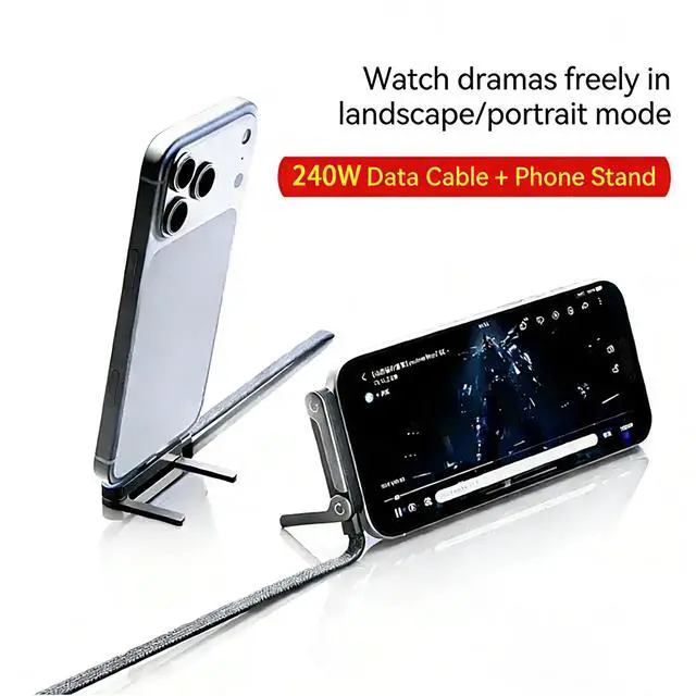 Alt view image 7 of 7 - 2-in-1 Invisible Stand Charger Cable, USB-C to USB-C with Foldable Stand | 4.9FT Braided 240W Super Fast Charging Cable, Compatible with iPhone & Samsung, Ideal for Gaming, Office & Car Travel