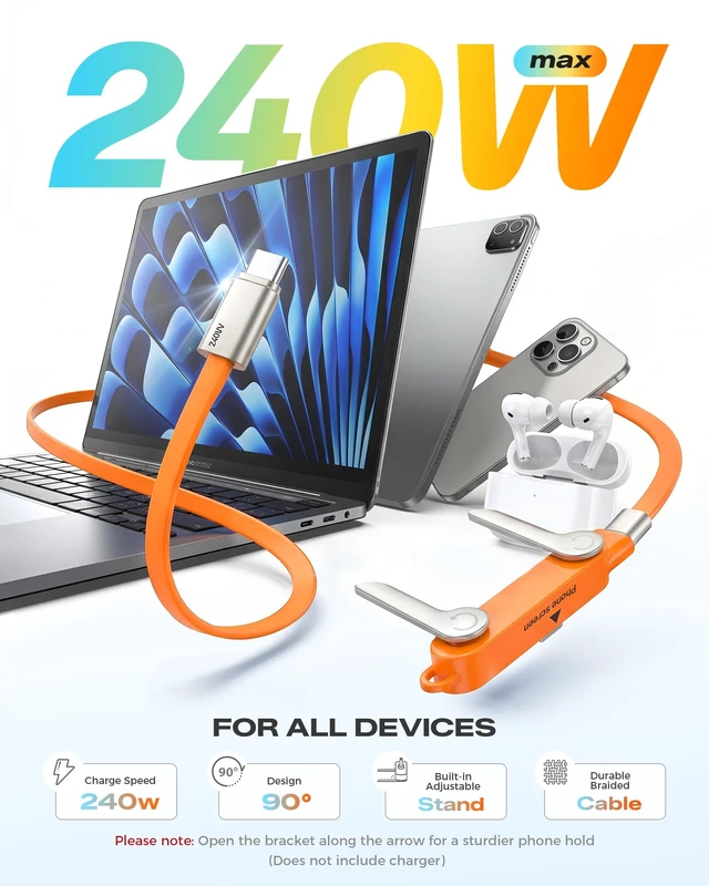 Alt view image 2 of 7 - 240W Fast Charging USB-C to USB-C Cable with Detachable Phone Stand | 90 Degree Soft Silicone Invisible Stand Type-C Fast Charging Cord for Gaming, Desk Setup & Hands-Free Viewing (5FT, Orange)