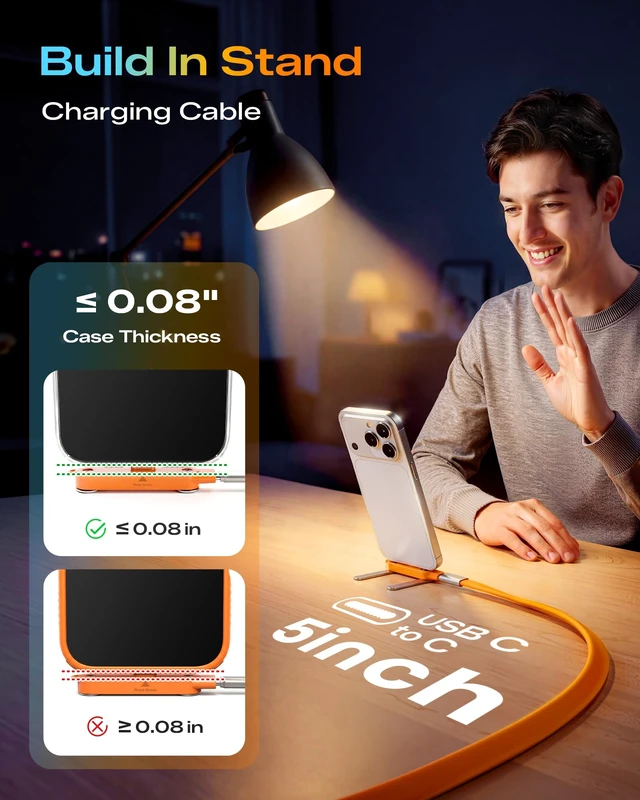 Alt view image 3 of 7 - 240W Fast Charging USB-C to USB-C Cable with Detachable Phone Stand | 90 Degree Soft Silicone Invisible Stand Type-C Fast Charging Cord for Gaming, Desk Setup & Hands-Free Viewing (5FT, Orange)