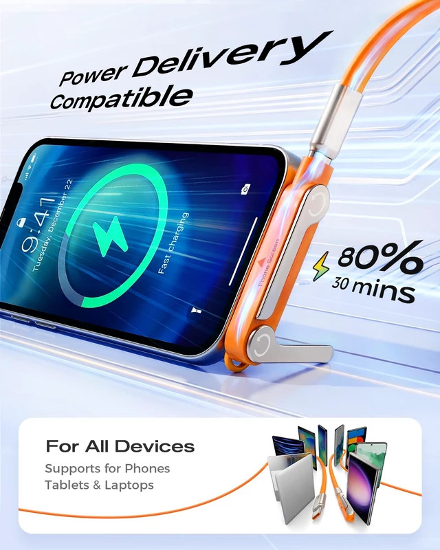 Alt view image 7 of 7 - 240W Fast Charging USB-C to USB-C Cable with Detachable Phone Stand | 90 Degree Soft Silicone Invisible Stand Type-C Fast Charging Cord for Gaming, Desk Setup & Hands-Free Viewing (5FT, Orange)