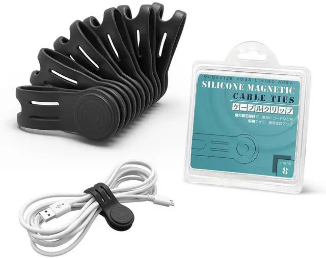 Main image of Magnetic Ties For Cords, Cord Wrap Silicone Zip Ties Twist Ties Magnet Strap For Smartphone Charger Earphone Video Game USB C Cables (8-Pack, Black)