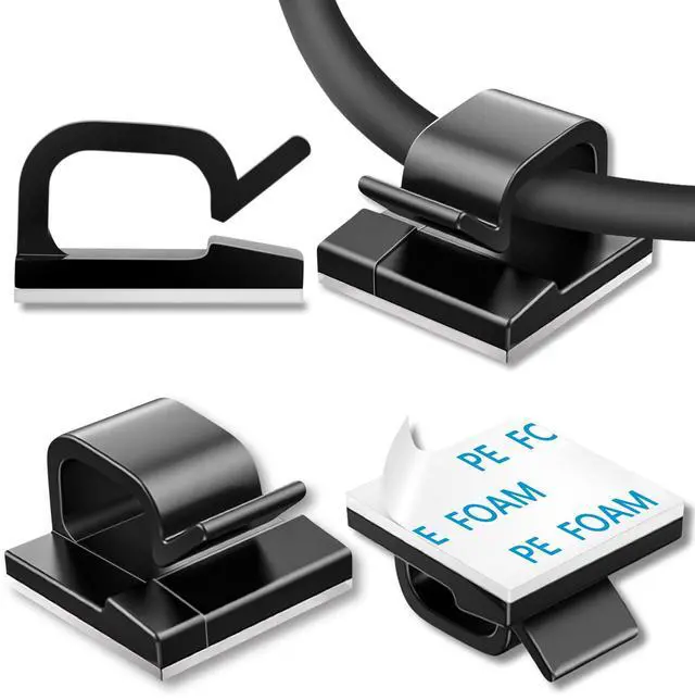 Main image of 100 Pcs Cable Clips, Adhesive Cable Organizer Cord Holder Wire Clip Wire Management Self Adhesive Hooks Wire Holder for Office, Home (Black)