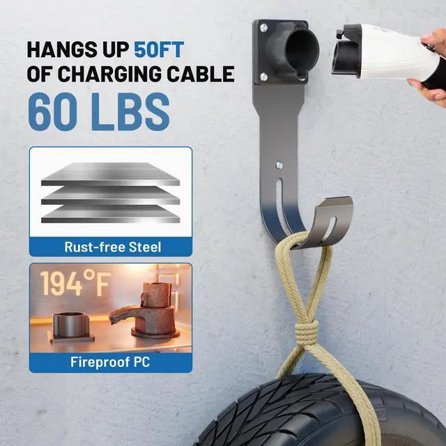 Alt view image 3 of 7 - EV Charger Holder SAE J1772 Nozzle Holster Dock and J-Hook Combination Wall Mount, EVSE Electric Vehicle Car Charger Cable Organizer EV Charger Cord Wall Hook Cable Holder J1772 Connector