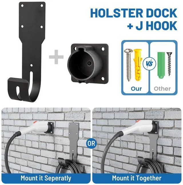 Alt view image 5 of 7 - EV Charger Holder SAE J1772 Nozzle Holster Dock and J-Hook Combination Wall Mount, EVSE Electric Vehicle Car Charger Cable Organizer EV Charger Cord Wall Hook Cable Holder J1772 Connector