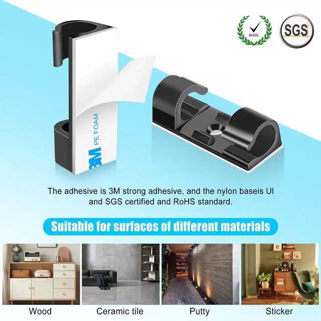 Alt view image 2 of 7 - 50pcs Medium Self Adhesive Cable Clips Black,Wire Clips Cable Management Wire Organizer Cord Holder for Under Desk, Car, Wall, TV PC Ethernet Cable