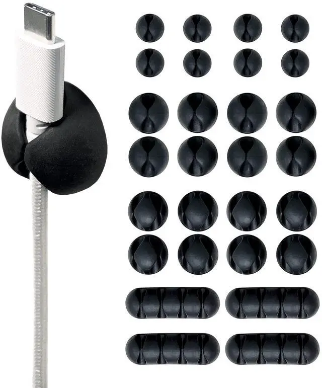 Main image of Cable Clips - (Assorted 28-Pack) Black - Desk and Nightstand Cable Holder for Phone and Bedside Table Cord Organizer