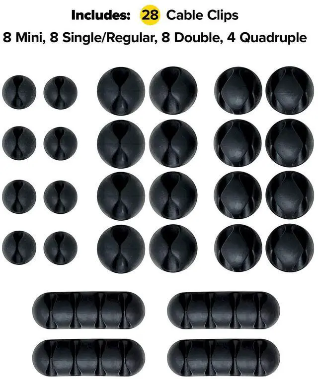 Alt view image 3 of 7 - Cable Clips - (Assorted 28-Pack) Black - Desk and Nightstand Cable Holder for Phone and Bedside Table Cord Organizer