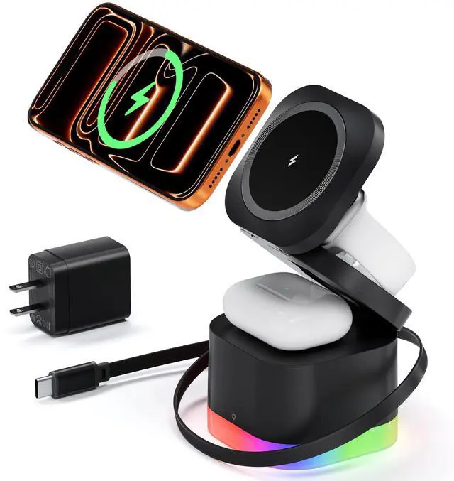 Main image of 5 in 1 Magnetic Wireless Charger Stand with Night Light, Foldable Wireless Charging Station Built-in Retractable Cable, Fast Wireless Charger for iPhone 17/16/15/14/13/12, Apple Watch, AirPods Pro 3