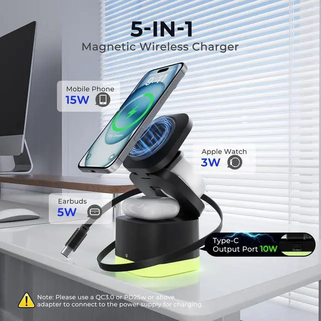Alt view image 2 of 7 - 5 in 1 Magnetic Wireless Charger Stand with Night Light, Foldable Wireless Charging Station Built-in Retractable Cable, Fast Wireless Charger for iPhone 17/16/15/14/13/12, Apple Watch, AirPods Pro 3
