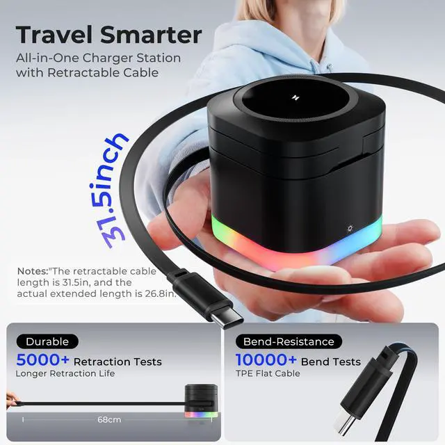 Alt view image 3 of 7 - 5 in 1 Magnetic Wireless Charger Stand with Night Light, Foldable Wireless Charging Station Built-in Retractable Cable, Fast Wireless Charger for iPhone 17/16/15/14/13/12, Apple Watch, AirPods Pro 3