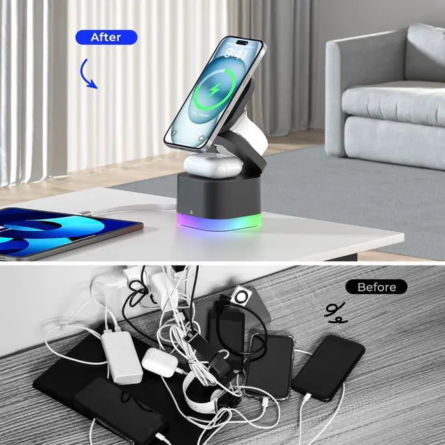 Alt view image 5 of 7 - 5 in 1 Magnetic Wireless Charger Stand with Night Light, Foldable Wireless Charging Station Built-in Retractable Cable, Fast Wireless Charger for iPhone 17/16/15/14/13/12, Apple Watch, AirPods Pro 3