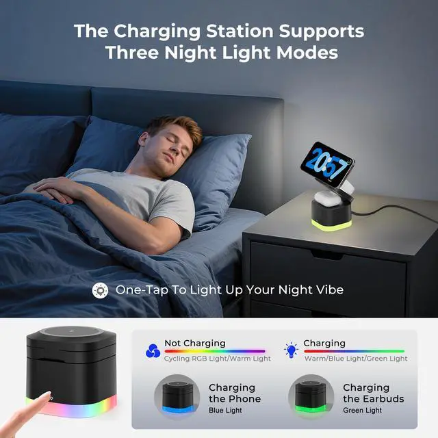 Alt view image 6 of 7 - 5 in 1 Magnetic Wireless Charger Stand with Night Light, Foldable Wireless Charging Station Built-in Retractable Cable, Fast Wireless Charger for iPhone 17/16/15/14/13/12, Apple Watch, AirPods Pro 3