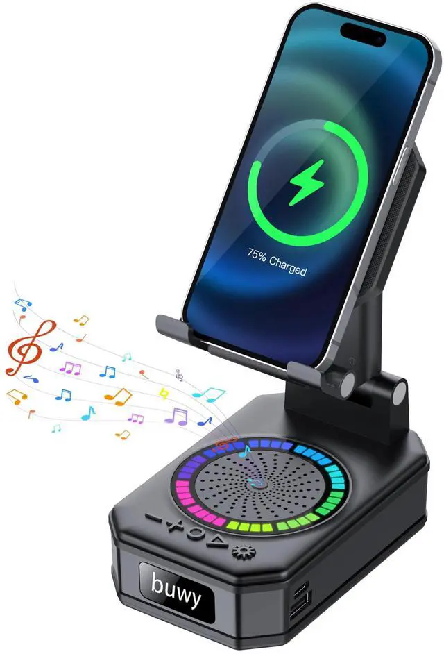 Main image of Wireless Charger Phone Stand with Bluetooth Speaker, Birthday Gifts for Men Women Teens, Phone Charger Stand with Colorful Ambient Light, Kitchen Gadget Compatible with iOS Android