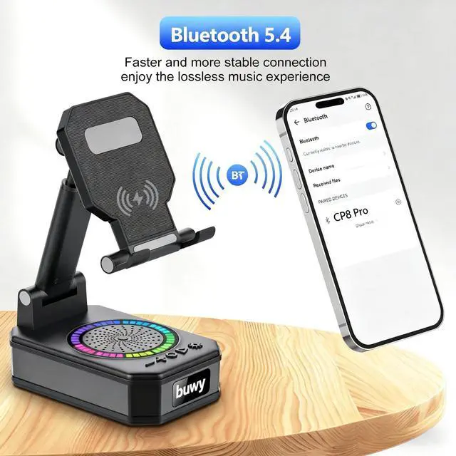 Alt view image 6 of 6 - Wireless Charger Phone Stand with Bluetooth Speaker, Birthday Gifts for Men Women Teens, Phone Charger Stand with Colorful Ambient Light, Kitchen Gadget Compatible with iOS Android