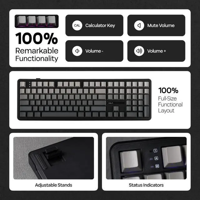 Alt view image 3 of 7 - Aula F108 100% Wireless Gaming Keyboard, Full Size Custom Gasket Mechanical Keyboard, 4000mAh Battery, Programmable 108 Keys, Hot-Swappable, for Win/Mac (Black Gradient)