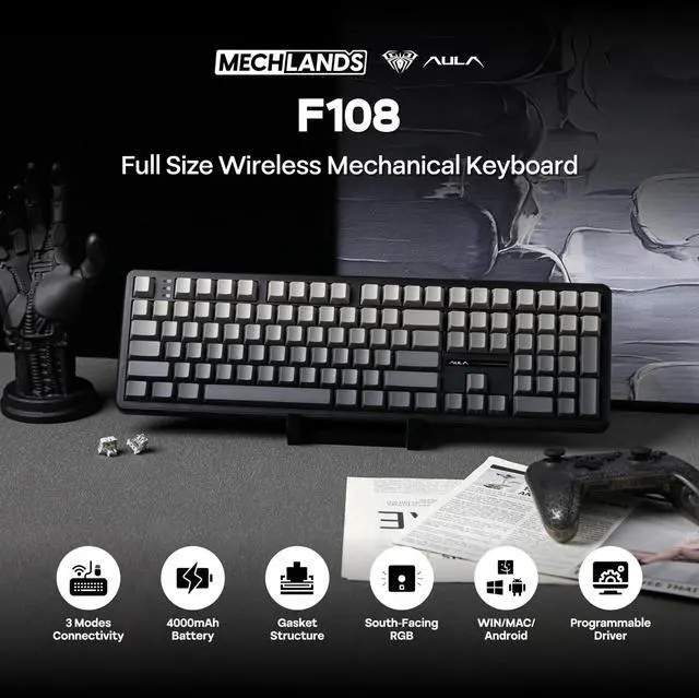 Alt view image 2 of 7 - Aula F108 100% Wireless Gaming Keyboard, Full Size Custom Gasket Mechanical Keyboard, 4000mAh Battery, Programmable 108 Keys, Hot-Swappable, for Win/Mac (Black Gradient)