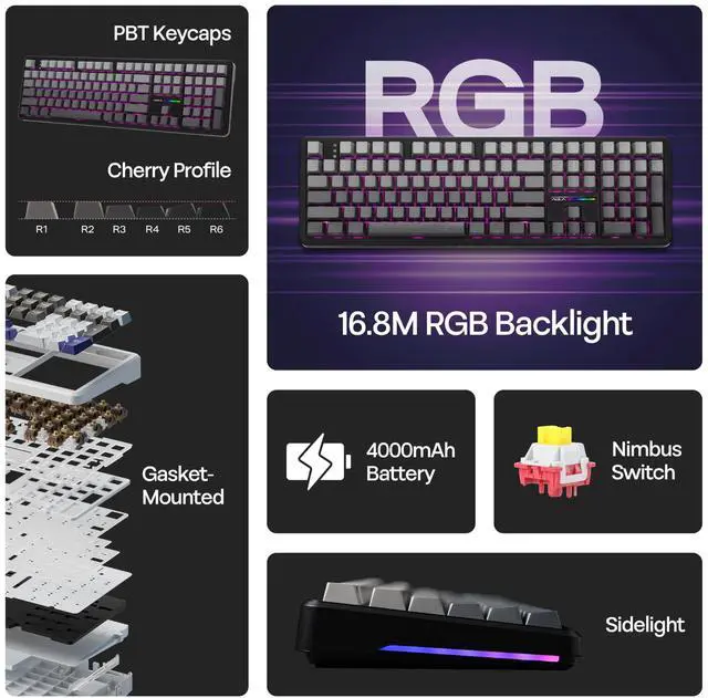 Alt view image 4 of 7 - Aula F108 100% Wireless Gaming Keyboard, Full Size Custom Gasket Mechanical Keyboard, 4000mAh Battery, Programmable 108 Keys, Hot-Swappable, for Win/Mac (Black Gradient)