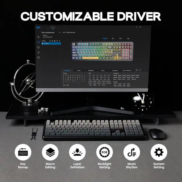 Alt view image 7 of 7 - Aula F108 100% Wireless Gaming Keyboard, Full Size Custom Gasket Mechanical Keyboard, 4000mAh Battery, Programmable 108 Keys, Hot-Swappable, for Win/Mac (Black Gradient)