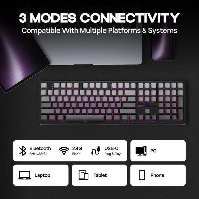 Alt view image 5 of 7 - Aula F108 100% Wireless Gaming Keyboard, Full Size Custom Gasket Mechanical Keyboard, 4000mAh Battery, Programmable 108 Keys, Hot-Swappable, for Win/Mac (Black Gradient)