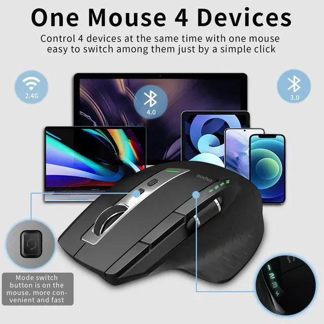 Alt view image 2 of 7 - Bluetooth Wireless Mouse, 4 Adjustable DPI Rechargeable, Multi-Device (3 Bluetooth+USB) Programmable Ergonomic Mouse with Side Roller, Laser Mouse for Laptop Desktop PC