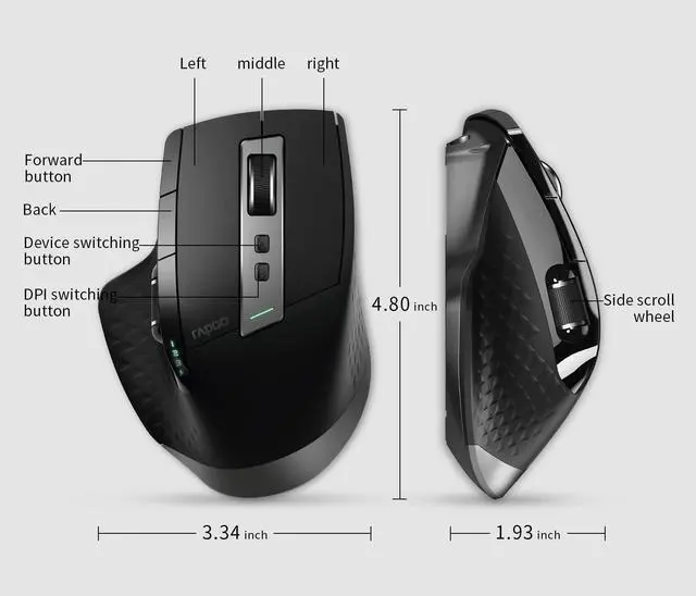 Alt view image 6 of 7 - Bluetooth Wireless Mouse, 4 Adjustable DPI Rechargeable, Multi-Device (3 Bluetooth+USB) Programmable Ergonomic Mouse with Side Roller, Laser Mouse for Laptop Desktop PC