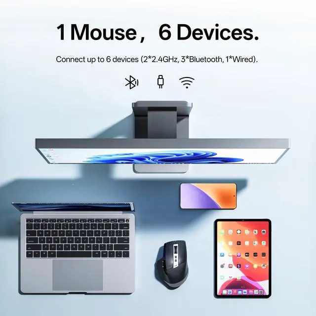 Alt view image 3 of 7 - MT750 Plus Ergonomic Wireless Mouse, Bluetooth 5.0 + 2.4GHz Multi-Device, Upgraded with M+ Cross-Computer Feature, On-Board Memory, USB-C Charging, Receiver Slot, Crisp Clicks, 90-Day Battery