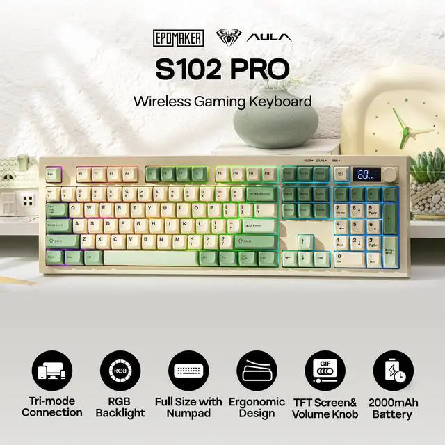 Alt view image 2 of 7 - Aula S102 PRO Membrane Gaming Keyboard with TFT Screen, Volume Knob & Number Pad, BT/2.4G/USB, RGB Backlit, Creamy Silicone Structure, Silent Keyboard for PC Game/Office (Yellow)