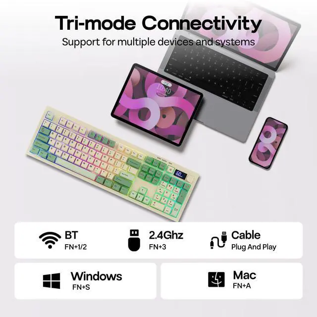 Alt view image 5 of 7 - Aula S102 PRO Membrane Gaming Keyboard with TFT Screen, Volume Knob & Number Pad, BT/2.4G/USB, RGB Backlit, Creamy Silicone Structure, Silent Keyboard for PC Game/Office (Yellow)