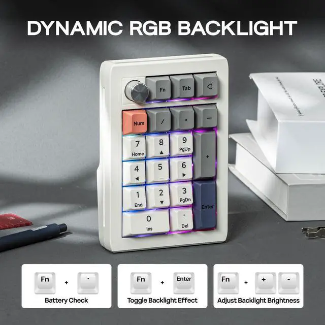 Alt view image 6 of 7 - EK21 VIA Gasket Number Pad with 1000mAh Battery, BT 5.0/2.4GHz/Wired Hot-Swap Numpad with Aluminum Alloy knob, Programmable for Win/Mac/Gaming (Retro White, Wisteria V2 Switch)