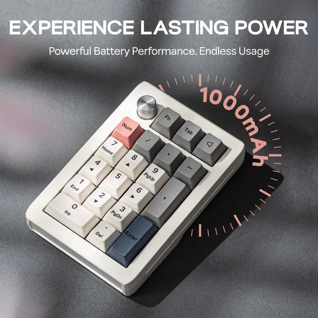 Alt view image 7 of 7 - EK21 VIA Gasket Number Pad with 1000mAh Battery, BT 5.0/2.4GHz/Wired Hot-Swap Numpad with Aluminum Alloy knob, Programmable for Win/Mac/Gaming (Retro White, Wisteria V2 Switch)