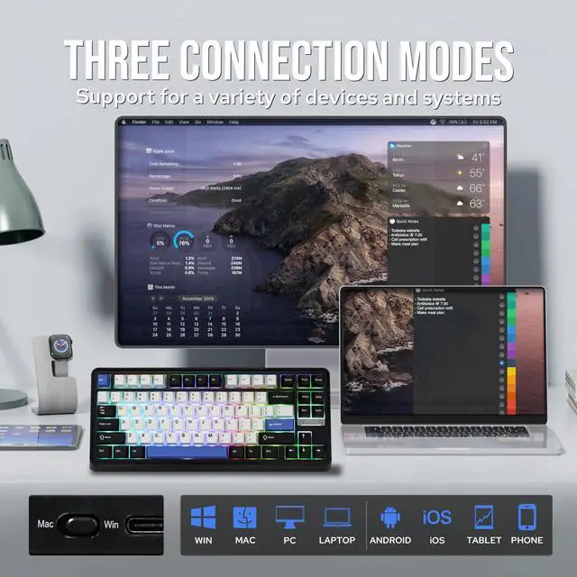Alt view image 3 of 7 - TH85 QMK/VIA Wireless Gaming Keyboard, BT5.0/2.4GHz/USB-C, Hot Swappable Pre-lubed Custom Creamy Jade Linear Switches, Gasket Creamy Keyboard for PC/Mac/Office/Gaming (Black&White&Blue)