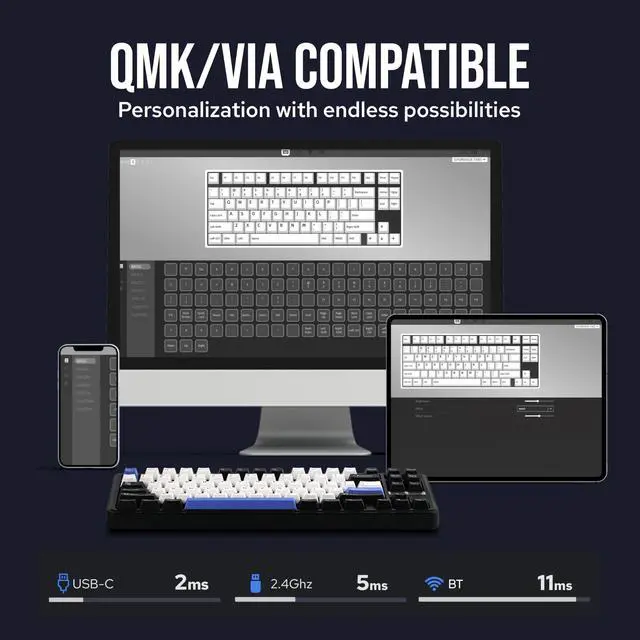 Alt view image 6 of 7 - TH85 QMK/VIA Wireless Gaming Keyboard, BT5.0/2.4GHz/USB-C, Hot Swappable Pre-lubed Custom Creamy Jade Linear Switches, Gasket Creamy Keyboard for PC/Mac/Office/Gaming (Black&White&Blue)
