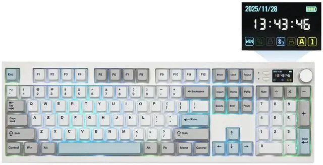 Main image of QK108 Full Size Mechanical Keyboard with Screen & Knob, 8000mAh, QMK/VIA, Creamy&Thocky, Gasket, RGB Backlit, Mac Keycap, Wireless Gaming Keyboard (White Cyan, Sea Salt Silent)