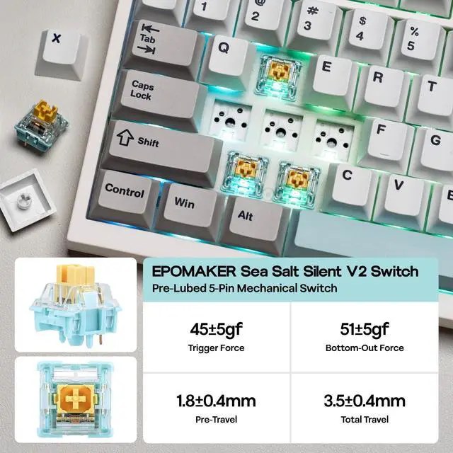 Alt view image 6 of 7 - QK108 Full Size Mechanical Keyboard with Screen & Knob, 8000mAh, QMK/VIA, Creamy&Thocky, Gasket, RGB Backlit, Mac Keycap, Wireless Gaming Keyboard (White Cyan, Sea Salt Silent)