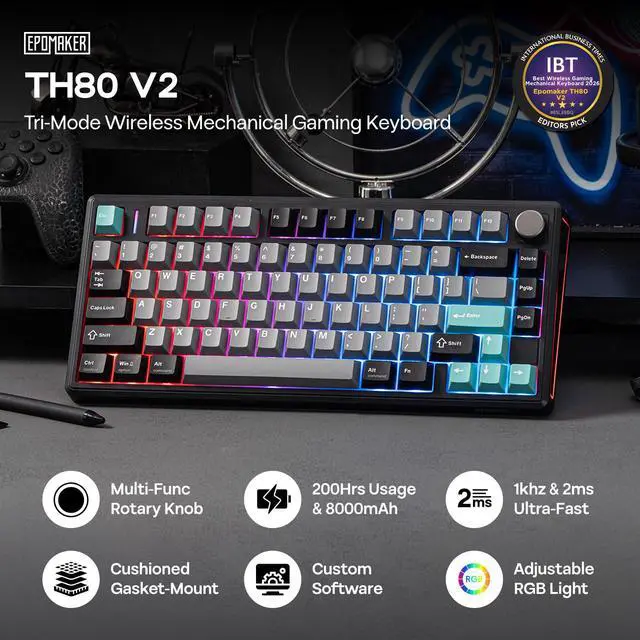 Alt view image 2 of 7 - TH80 V2 75% Wireless Mechanical Keyboard with Metal Knob, 8000mAh, 2.4Ghz/BT/USB-C, RGB, Hot Swap, Custom Driver, PBT Keycap, Wireless Gaming Keyboard for PC/Mac (Black, Creamy Jade)