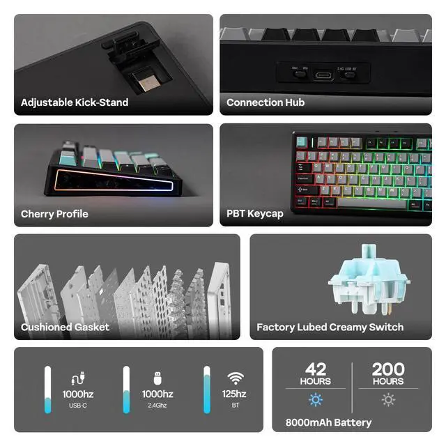 Alt view image 3 of 7 - TH80 V2 75% Wireless Mechanical Keyboard with Metal Knob, 8000mAh, 2.4Ghz/BT/USB-C, RGB, Hot Swap, Custom Driver, PBT Keycap, Wireless Gaming Keyboard for PC/Mac (Black, Creamy Jade)