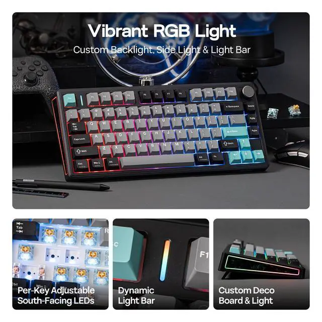 Alt view image 4 of 7 - TH80 V2 75% Wireless Mechanical Keyboard with Metal Knob, 8000mAh, 2.4Ghz/BT/USB-C, RGB, Hot Swap, Custom Driver, PBT Keycap, Wireless Gaming Keyboard for PC/Mac (Black, Creamy Jade)
