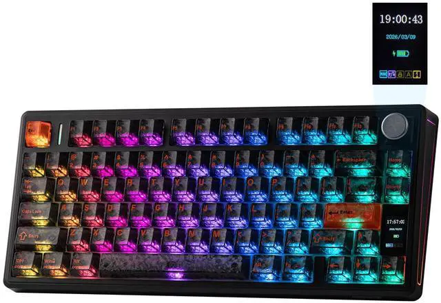 Main image of TH80 V2 PRO Wireless Gaming Keyboard with Screen&Knob, 10000mAh, 2.4Ghz/BT/USB-C, RGB, Hot Swap, Custom Driver, NKRO, PBT Keycap, Mechanical Keyboard for PC/Mac (Black, Creamy Jade)