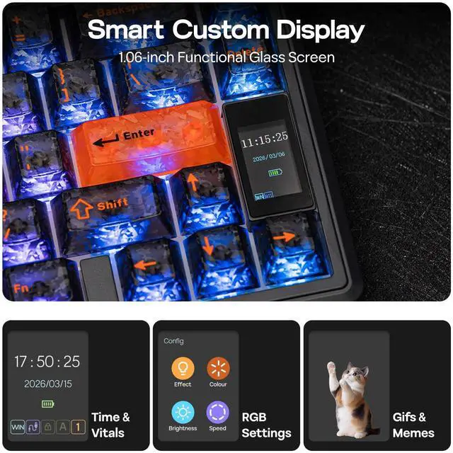 Alt view image 3 of 7 - TH80 V2 PRO Wireless Gaming Keyboard with Screen&Knob, 10000mAh, 2.4Ghz/BT/USB-C, RGB, Hot Swap, Custom Driver, NKRO, PBT Keycap, Mechanical Keyboard for PC/Mac (Black, Creamy Jade)