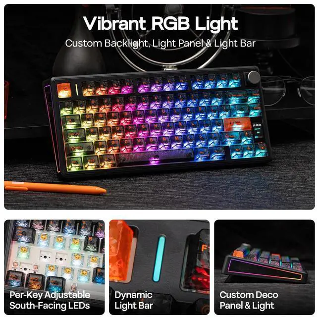 Alt view image 4 of 7 - TH80 V2 PRO Wireless Gaming Keyboard with Screen&Knob, 10000mAh, 2.4Ghz/BT/USB-C, RGB, Hot Swap, Custom Driver, NKRO, PBT Keycap, Mechanical Keyboard for PC/Mac (Black, Creamy Jade)
