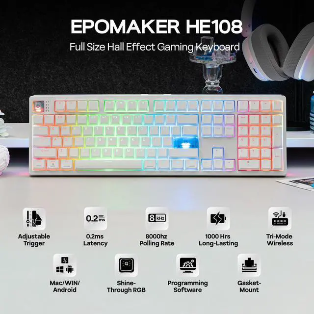 Alt view image 2 of 7 - EPOMAKER HE108 Wireless Gaming Keyboard, 8K Polling & 10000mAh, SOCD & DKS, Full-Sized Hall Effect Keyboard with Rapid Triggering, Custom Driver, RGB Backlit, PBT Keycap (White)