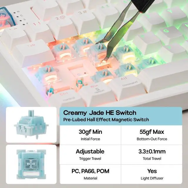 Alt view image 6 of 7 - EPOMAKER HE108 Wireless Gaming Keyboard, 8K Polling & 10000mAh, SOCD & DKS, Full-Sized Hall Effect Keyboard with Rapid Triggering, Custom Driver, RGB Backlit, PBT Keycap (White)