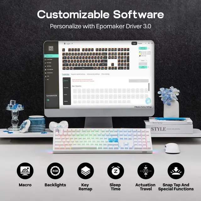 Alt view image 7 of 7 - EPOMAKER HE108 Wireless Gaming Keyboard, 8K Polling & 10000mAh, SOCD & DKS, Full-Sized Hall Effect Keyboard with Rapid Triggering, Custom Driver, RGB Backlit, PBT Keycap (White)