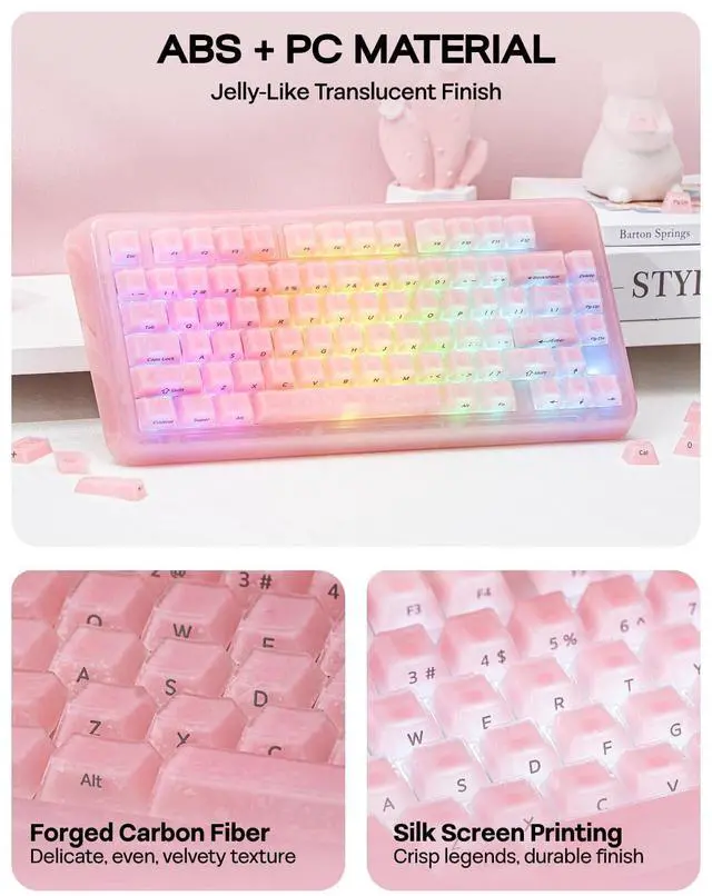 Alt view image 6 of 7 - Frost Jelly Keycaps Set - 126 Keys Forged Carbon Fiber Keycaps, Cherry Profile, ABS+PC, MX-Style Compatible for 61/68/84/87/98/100/104/108 ANSI Layout Mechanical Gaming Keyboards (Pink)