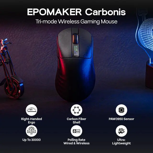Alt view image 2 of 7 - Carbonis Wireless Gaming Mouse with Digital Display, PAW3950 Sensor, 8K Polling, 30K DPI, Carbon Fiber Composite Shell, Ergonomic Right Hand Esports Mouse for PC Gaming (Black)